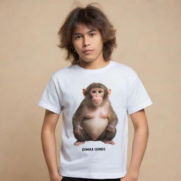 A playful monkey wearing a T-shirt with the words 'DIMAS SUMO' printed across.