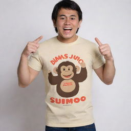 A playful monkey wearing a T-shirt with the words 'DIMAS SUMO' printed across.