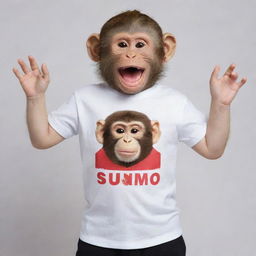 A playful monkey wearing a T-shirt with the words 'DIMAS SUMO' printed across.