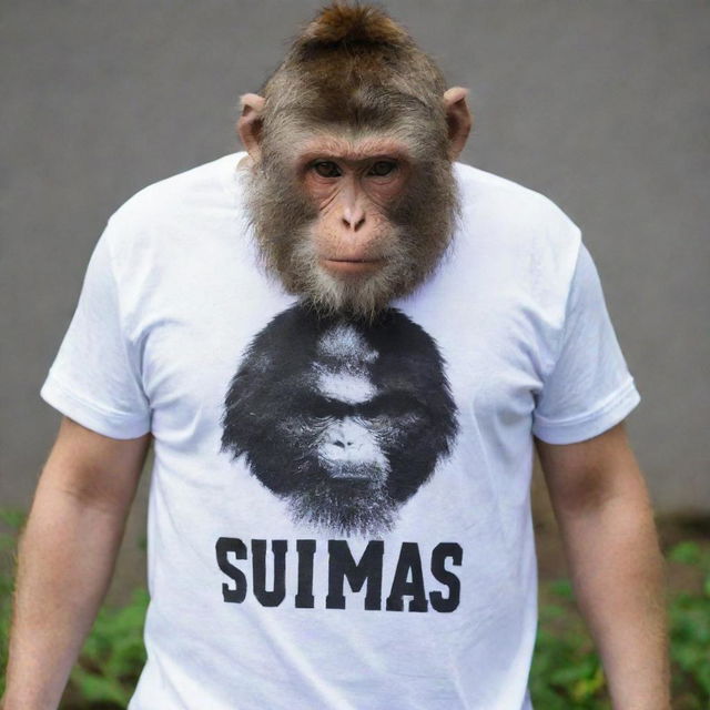 A monkey wearing a T-shirt with the text 'DIMAS SUMO' emblazoned on it'