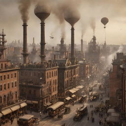 A bustling steampunk cityscape filled with intricate brass machinery, towering smokestacks, Victorian-era buildings, flying dirigibles, and streets bustling with individuals in period attire, all under a hazy, golden sky.