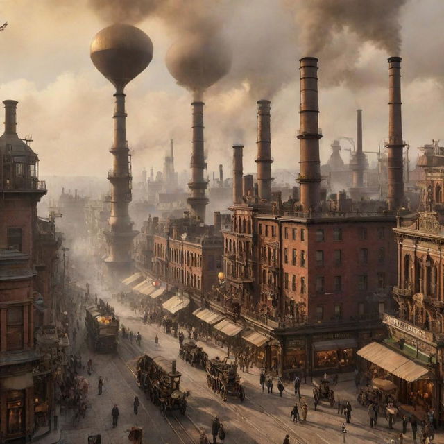 A bustling steampunk cityscape filled with intricate brass machinery, towering smokestacks, Victorian-era buildings, flying dirigibles, and streets bustling with individuals in period attire, all under a hazy, golden sky.