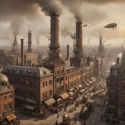 A bustling steampunk cityscape filled with intricate brass machinery, towering smokestacks, Victorian-era buildings, flying dirigibles, and streets bustling with individuals in period attire, all under a hazy, golden sky.