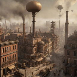 A bustling steampunk cityscape filled with intricate brass machinery, towering smokestacks, Victorian-era buildings, flying dirigibles, and streets bustling with individuals in period attire, all under a hazy, golden sky.