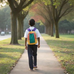 A young boy dressed in neat school uniform, carrying a colorful backpack, walking on a tree-lined path towards a school building in the early morning light.