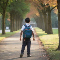 A young boy dressed in neat school uniform, carrying a colorful backpack, walking on a tree-lined path towards a school building in the early morning light.