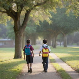 A young boy dressed in neat school uniform, carrying a colorful backpack, walking on a tree-lined path towards a school building in the early morning light.