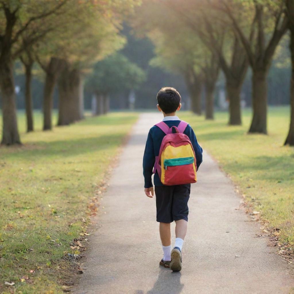 A young boy dressed in neat school uniform, carrying a colorful backpack, walking on a tree-lined path towards a school building in the early morning light.