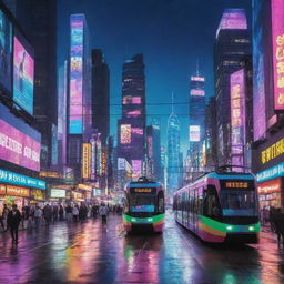 A vibrant electropunk cityscape pulsating with an electric energy; Skyscrapers aglow with neon lights, futuristic high-speed trams zoom past, digital advertisements shimmer in the air, and citizens in high-tech attire wander under a multi-colored digital sky.