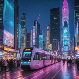 A vibrant electropunk cityscape pulsating with an electric energy; Skyscrapers aglow with neon lights, futuristic high-speed trams zoom past, digital advertisements shimmer in the air, and citizens in high-tech attire wander under a multi-colored digital sky.