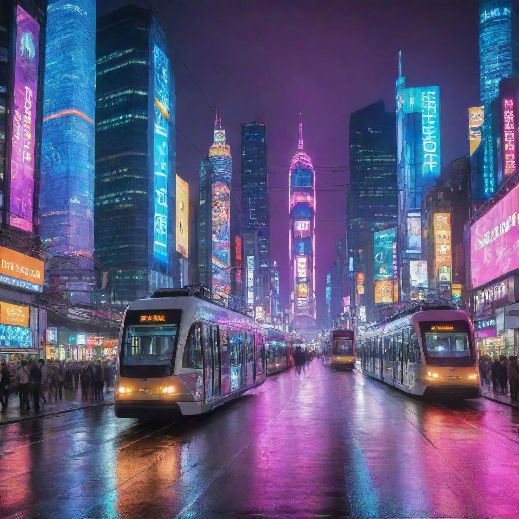 A vibrant electropunk cityscape pulsating with an electric energy; Skyscrapers aglow with neon lights, futuristic high-speed trams zoom past, digital advertisements shimmer in the air, and citizens in high-tech attire wander under a multi-colored digital sky.