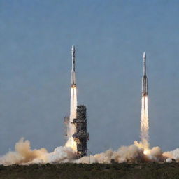 Five rockets that have finished launching from varying launch pad heights