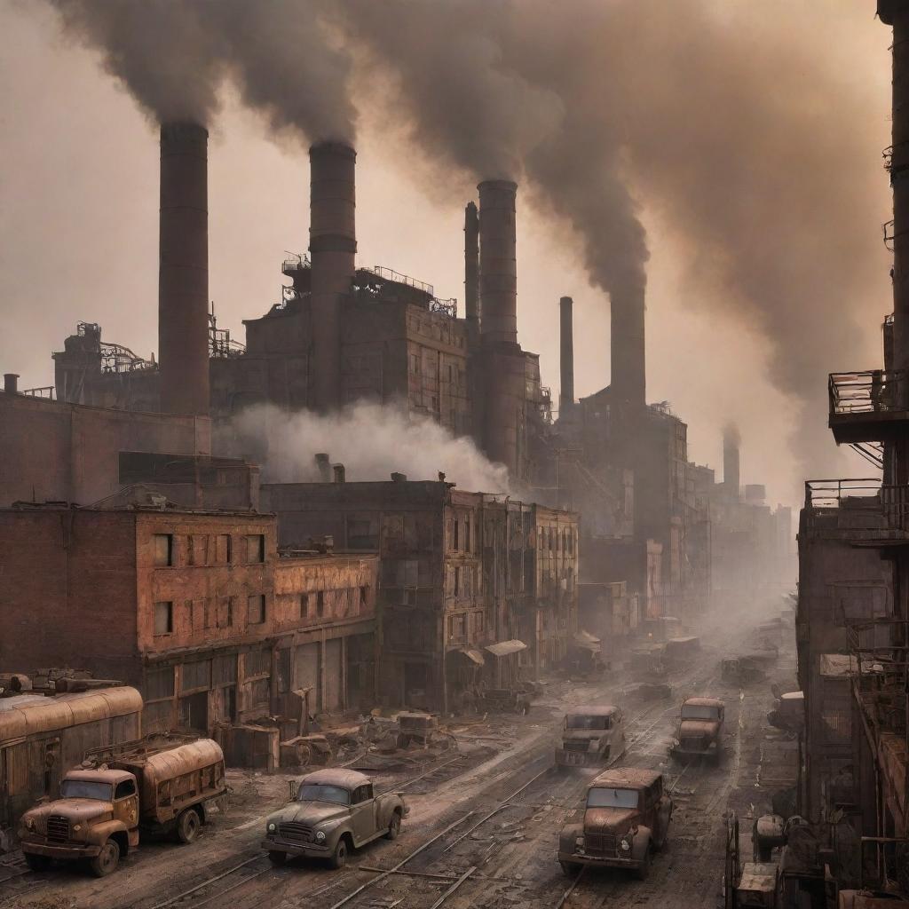 A dieselpunk cityscape dominated by large, grimy factories spewing smoke, steel construction machinery, rusting vehicles churning on industrial oil, gritty mid-century architecture, residents in worker attire, all under a smog-filled, rust-toned sky.