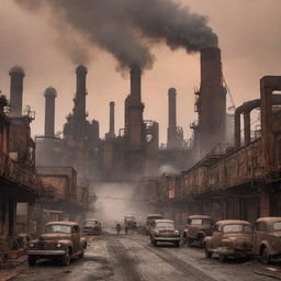 A dieselpunk cityscape dominated by large, grimy factories spewing smoke, steel construction machinery, rusting vehicles churning on industrial oil, gritty mid-century architecture, residents in worker attire, all under a smog-filled, rust-toned sky.