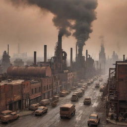 A dieselpunk cityscape dominated by large, grimy factories spewing smoke, steel construction machinery, rusting vehicles churning on industrial oil, gritty mid-century architecture, residents in worker attire, all under a smog-filled, rust-toned sky.