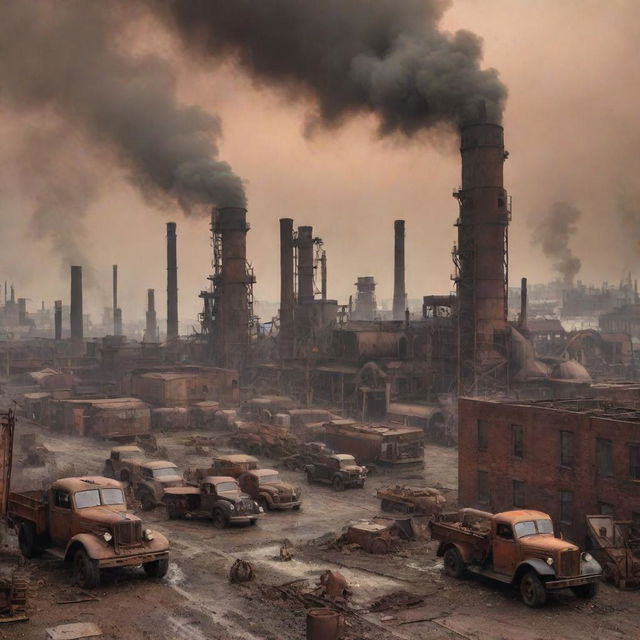 A dieselpunk cityscape dominated by large, grimy factories spewing smoke, steel construction machinery, rusting vehicles churning on industrial oil, gritty mid-century architecture, residents in worker attire, all under a smog-filled, rust-toned sky.