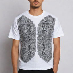 A t-shirt divided into two halves. One side showcases traditional elements like intricate patterns, vintage motifs, and cultural symbols. The opposing half features modern, sleek designs or typographic elements.