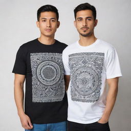 A t-shirt divided into two halves. One side showcases traditional elements like intricate patterns, vintage motifs, and cultural symbols. The opposing half features modern, sleek designs or typographic elements.