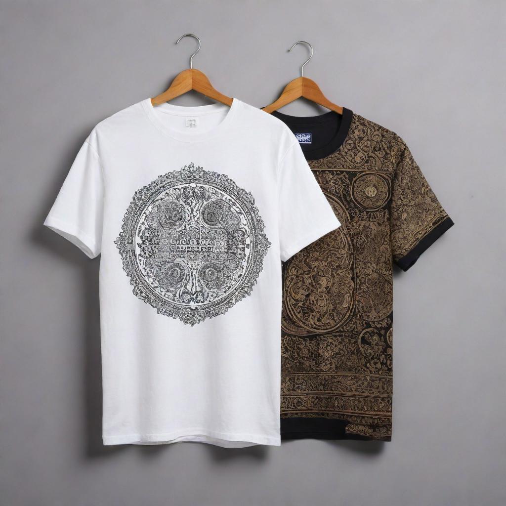 A t-shirt divided into two halves. One side showcases traditional elements like intricate patterns, vintage motifs, and cultural symbols. The opposing half features modern, sleek designs or typographic elements.