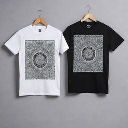 A t-shirt divided into two halves. One side showcases traditional elements like intricate patterns, vintage motifs, and cultural symbols. The opposing half features modern, sleek designs or typographic elements.