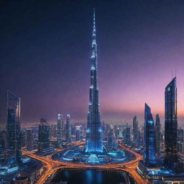 The iconic Burj Khalifa redesigned in cyberpunk aesthetics, towering over a vibrant neon cityscape filled with colossal digital billboards, high-tech vehicles, and futuristic architecture, all beneath an artificially-lit, cybernetic night sky.