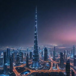 The iconic Burj Khalifa redesigned in cyberpunk aesthetics, towering over a vibrant neon cityscape filled with colossal digital billboards, high-tech vehicles, and futuristic architecture, all beneath an artificially-lit, cybernetic night sky.