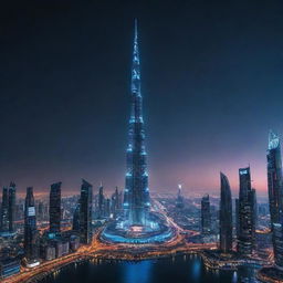 The iconic Burj Khalifa redesigned in cyberpunk aesthetics, towering over a vibrant neon cityscape filled with colossal digital billboards, high-tech vehicles, and futuristic architecture, all beneath an artificially-lit, cybernetic night sky.