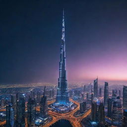 The iconic Burj Khalifa redesigned in cyberpunk aesthetics, towering over a vibrant neon cityscape filled with colossal digital billboards, high-tech vehicles, and futuristic architecture, all beneath an artificially-lit, cybernetic night sky.