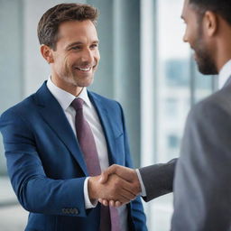 Two men in the midst of a firm handshake, engaged in an animated conversation with each other. They are professionally dressed and stand in a modern corporate setting.