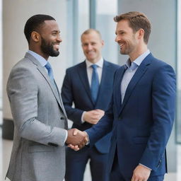 Two men in the midst of a firm handshake, engaged in an animated conversation with each other. They are professionally dressed and stand in a modern corporate setting.