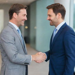 Two men in the midst of a firm handshake, engaged in an animated conversation with each other. They are professionally dressed and stand in a modern corporate setting.