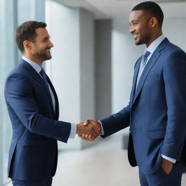 Two men in the midst of a firm handshake, engaged in an animated conversation with each other. They are professionally dressed and stand in a modern corporate setting.