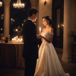 A young man, in stylish attire, seen romantically serenading a beautiful lady surrounded by an enchanting, candlelit ambiance.