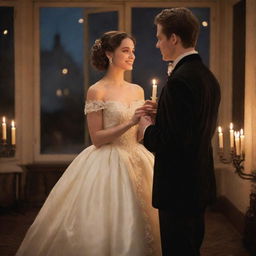 A young man, in stylish attire, seen romantically serenading a beautiful lady surrounded by an enchanting, candlelit ambiance.