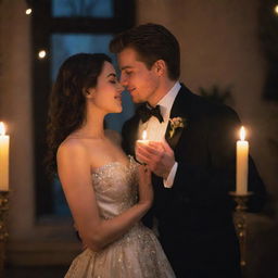 A young man, in stylish attire, seen romantically serenading a beautiful lady surrounded by an enchanting, candlelit ambiance.