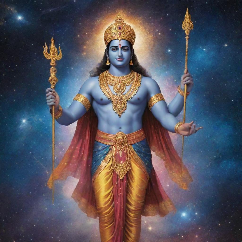 Indian god Rama, in radiant attire, depicted in a cosmic setting filled with stars, galaxies and celestial bodies, illustrating his divine omnipresence throughout the universe.