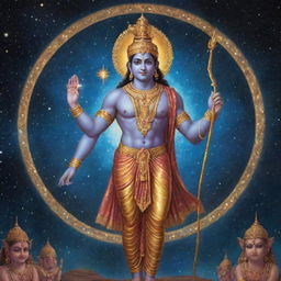 Indian god Rama, in radiant attire, depicted in a cosmic setting filled with stars, galaxies and celestial bodies, illustrating his divine omnipresence throughout the universe.