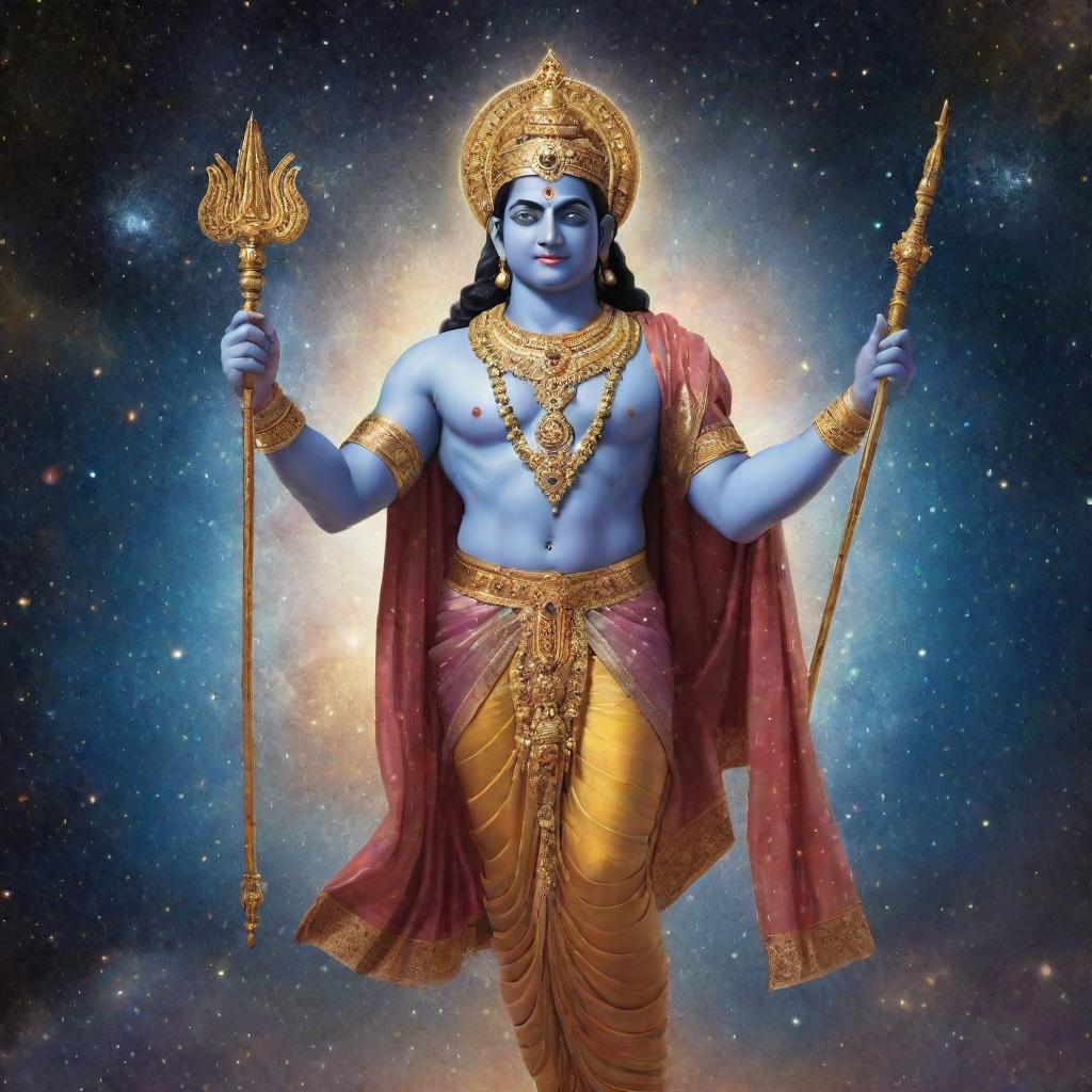 Indian god Rama, in radiant attire, depicted in a cosmic setting filled with stars, galaxies and celestial bodies, illustrating his divine omnipresence throughout the universe.