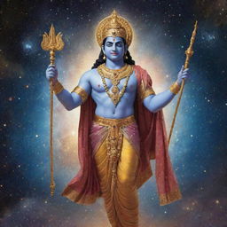 Indian god Rama, in radiant attire, depicted in a cosmic setting filled with stars, galaxies and celestial bodies, illustrating his divine omnipresence throughout the universe.