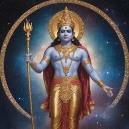 Indian god Rama, in radiant attire, depicted in a cosmic setting filled with stars, galaxies and celestial bodies, illustrating his divine omnipresence throughout the universe.