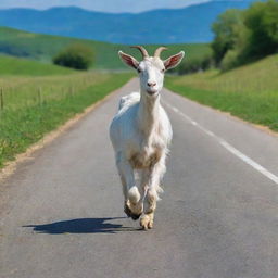 A playful, adventurous goat casually strutting down a vacant countryside road, against a backdrop of green pastures and a clear blue sky.