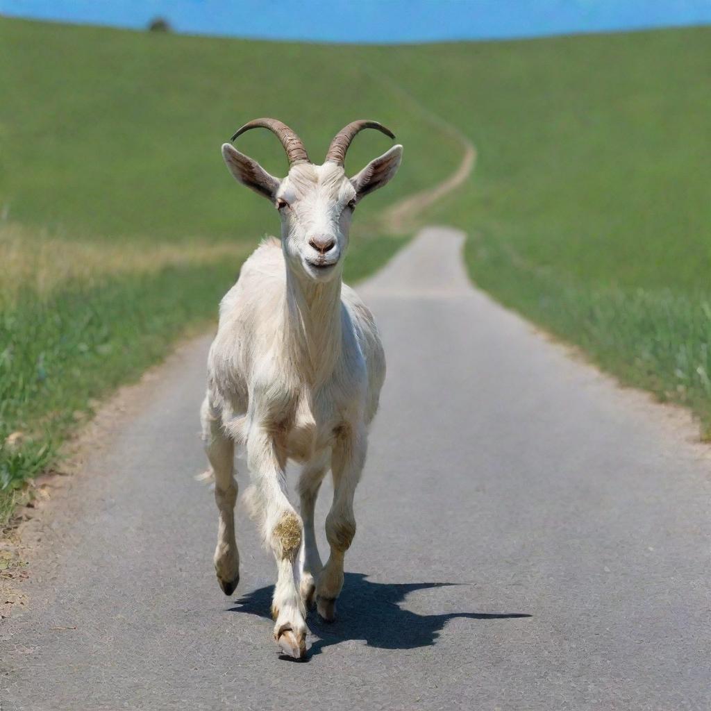 A playful, adventurous goat casually strutting down a vacant countryside road, against a backdrop of green pastures and a clear blue sky.