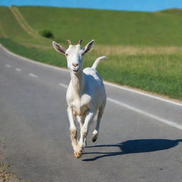 A playful, adventurous goat casually strutting down a vacant countryside road, against a backdrop of green pastures and a clear blue sky.