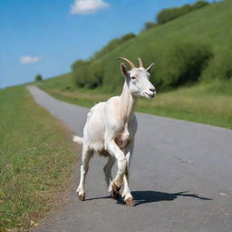 A playful, adventurous goat casually strutting down a vacant countryside road, against a backdrop of green pastures and a clear blue sky.