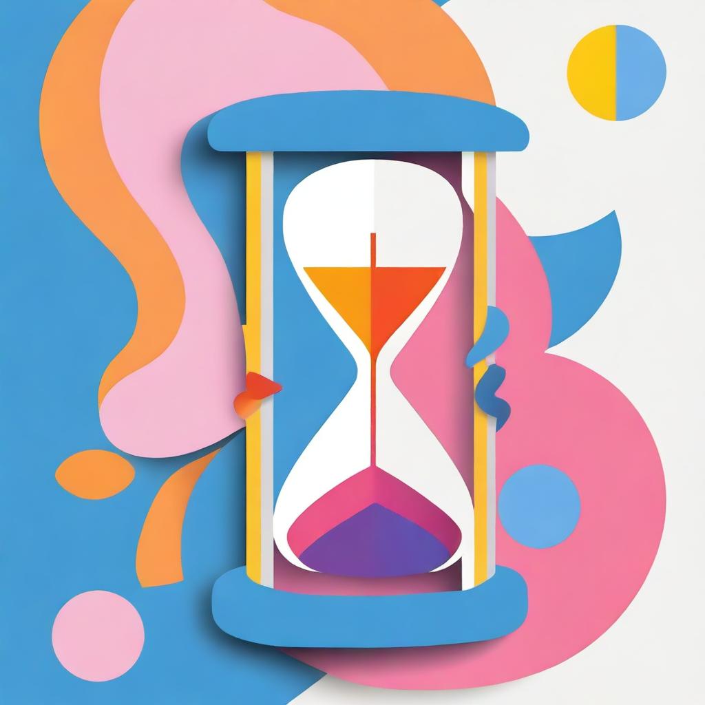 A striking drawing for a book cover about time optimization, using a palette of blue, orange, pink, and yellow