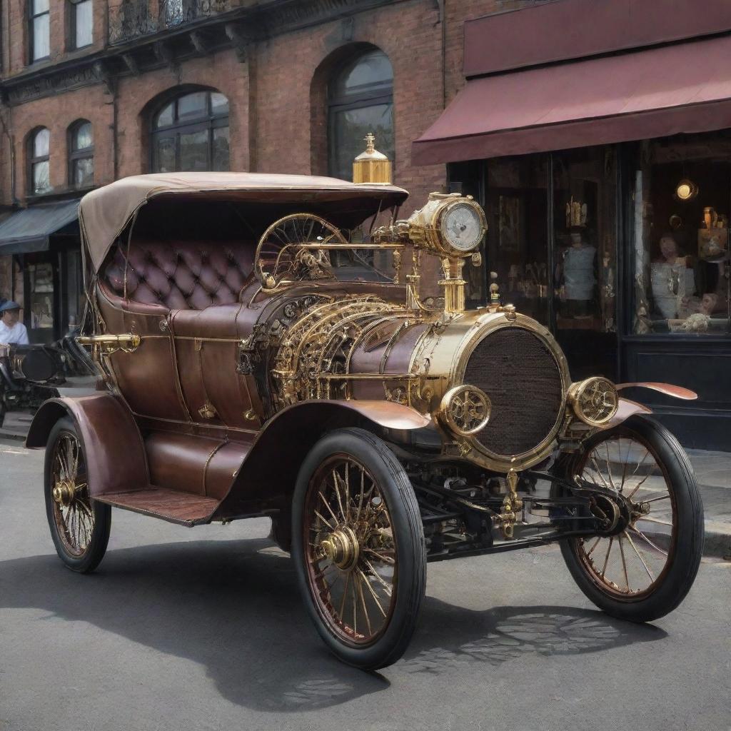 Steampunk automobiles designed in Victorian aesthetics; an amalgam of brass, iron and wood, featuring intricate gears, large steam engines, puffing exhausts, and driven by impressive leather-clad drivers.