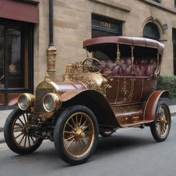 Steampunk automobiles designed in Victorian aesthetics; an amalgam of brass, iron and wood, featuring intricate gears, large steam engines, puffing exhausts, and driven by impressive leather-clad drivers.