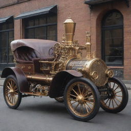 Steampunk automobiles designed in Victorian aesthetics; an amalgam of brass, iron and wood, featuring intricate gears, large steam engines, puffing exhausts, and driven by impressive leather-clad drivers.