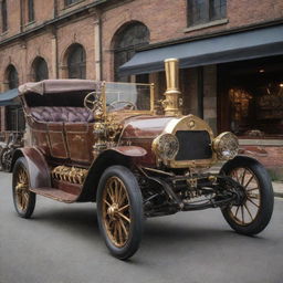 Steampunk automobiles designed in Victorian aesthetics; an amalgam of brass, iron and wood, featuring intricate gears, large steam engines, puffing exhausts, and driven by impressive leather-clad drivers.