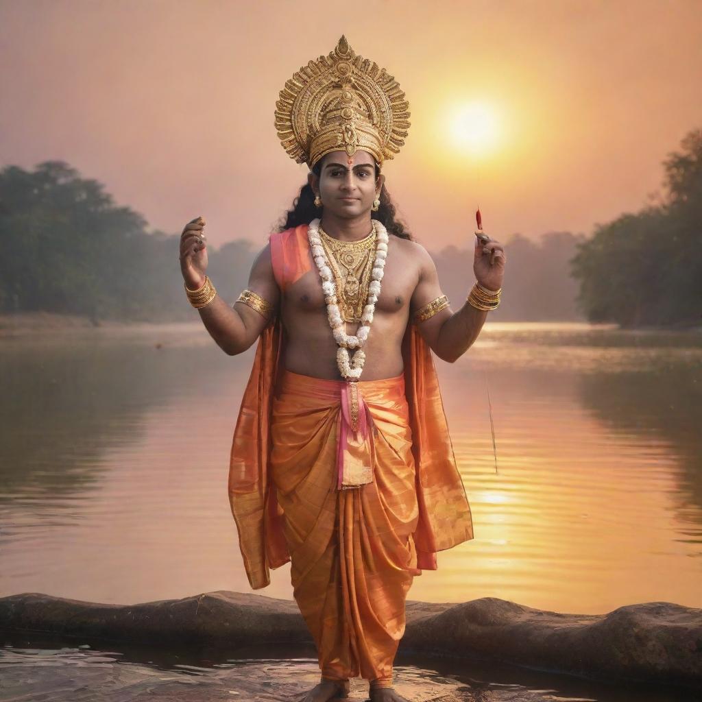 A sublime and peaceful illustration of the deity Sree Ram, depicted with traditional Indian attire and iconic bow, set against a backdrop of glowing sunrise over a calm, serene river.